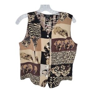 FU DA Fine Silk Sleeveless Safari Animal Print Button Front Vest PM